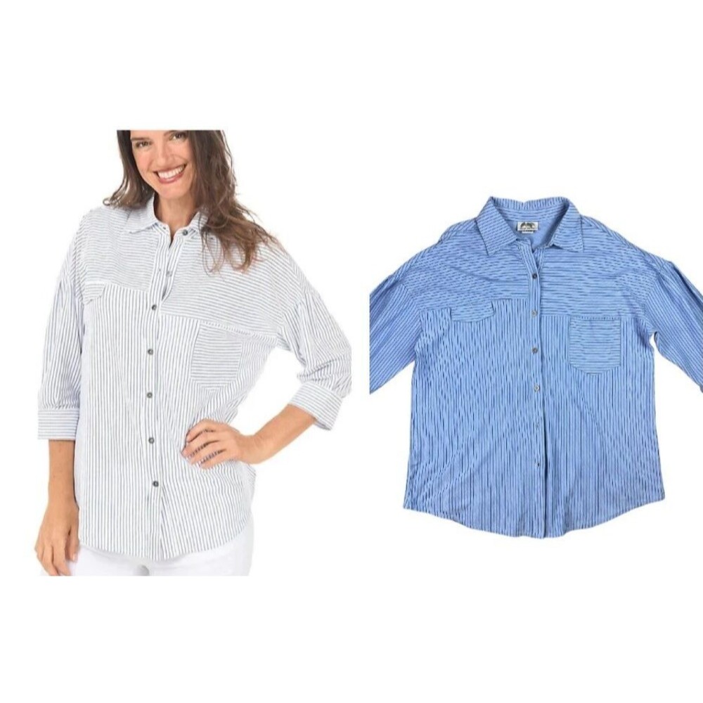 Wild Palms Blue Striped Button Oversize Slub-Knit Shirt Top  Size S  NWOT